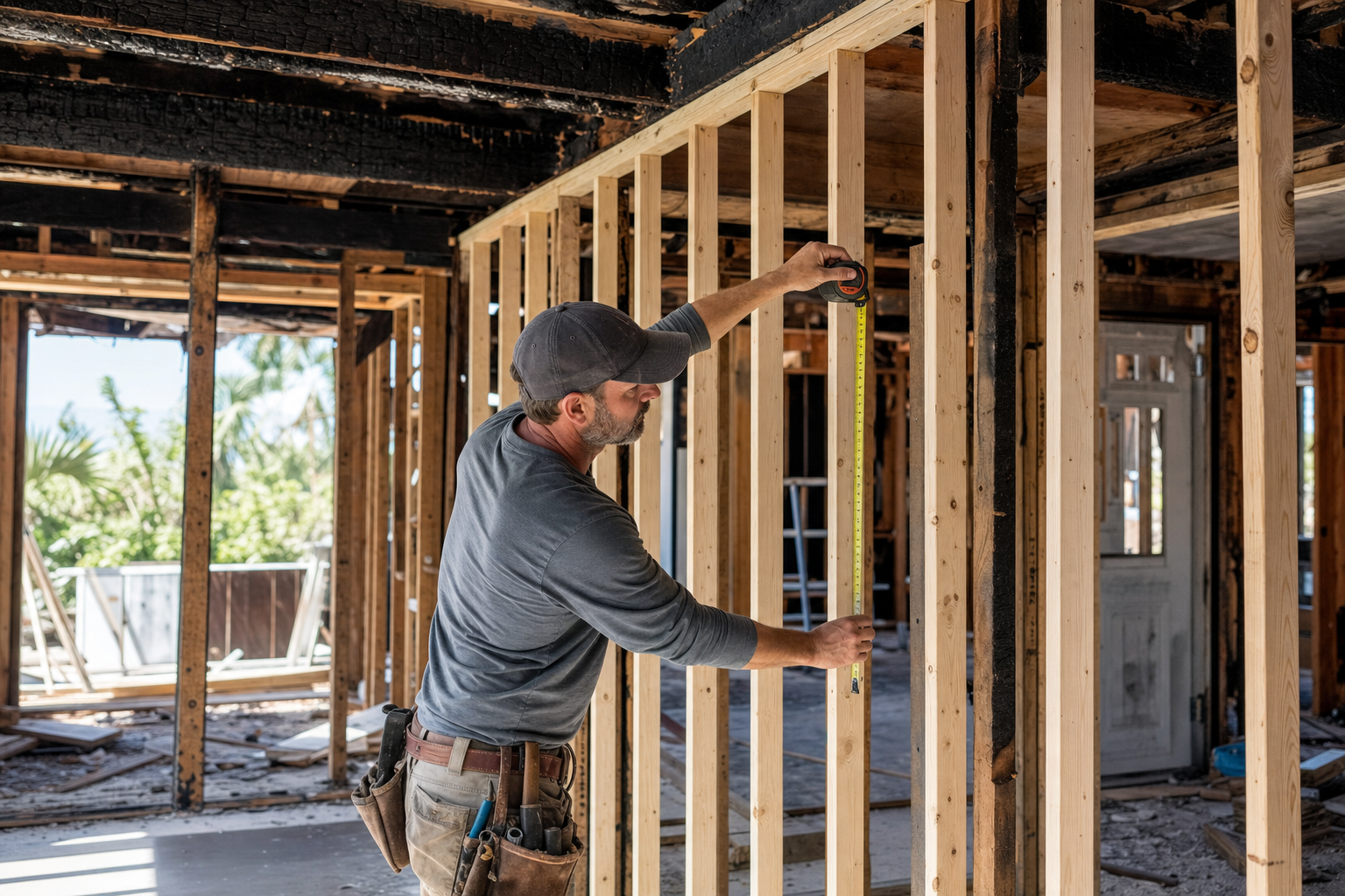 Carpenters installing new framing alongside charred structural beams during fire restoration