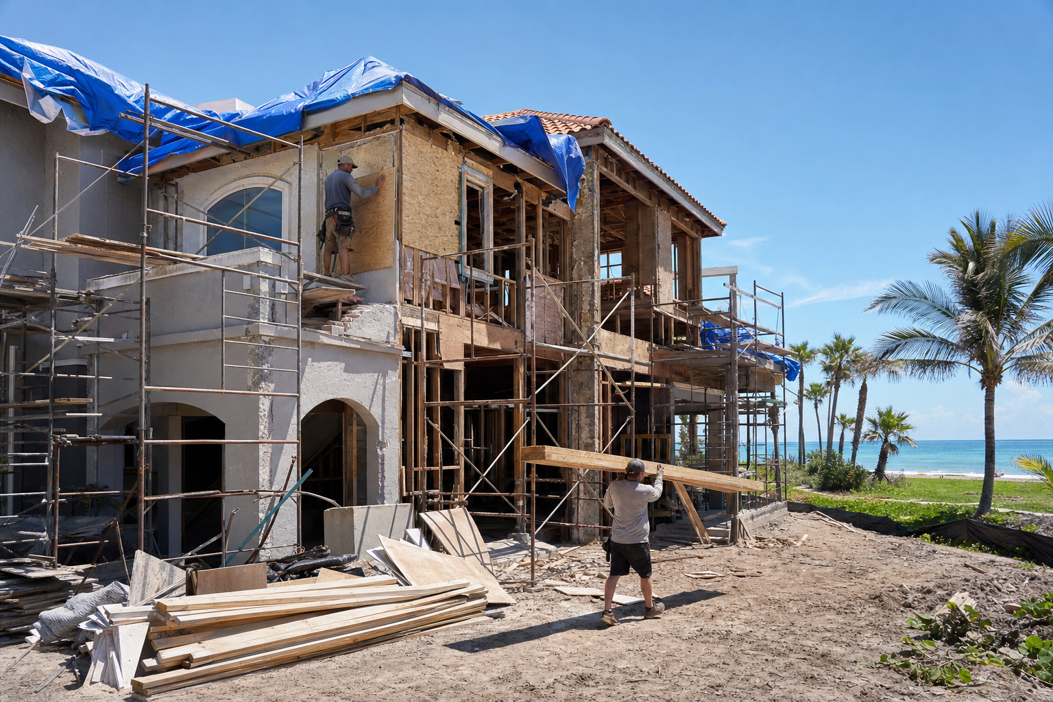 Scaffolded Florida coastal home undergoing full-property rebuild after major loss