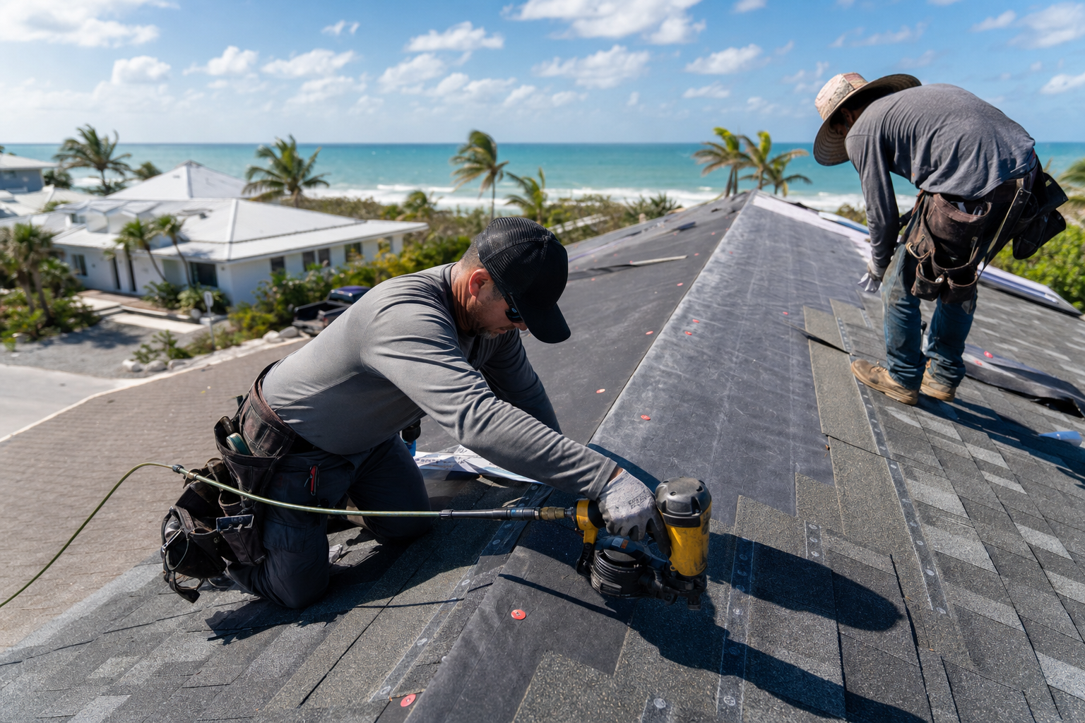 Cutting Edge Design and Construction roofing crew installing shingles on a Florida coastal home after a storm