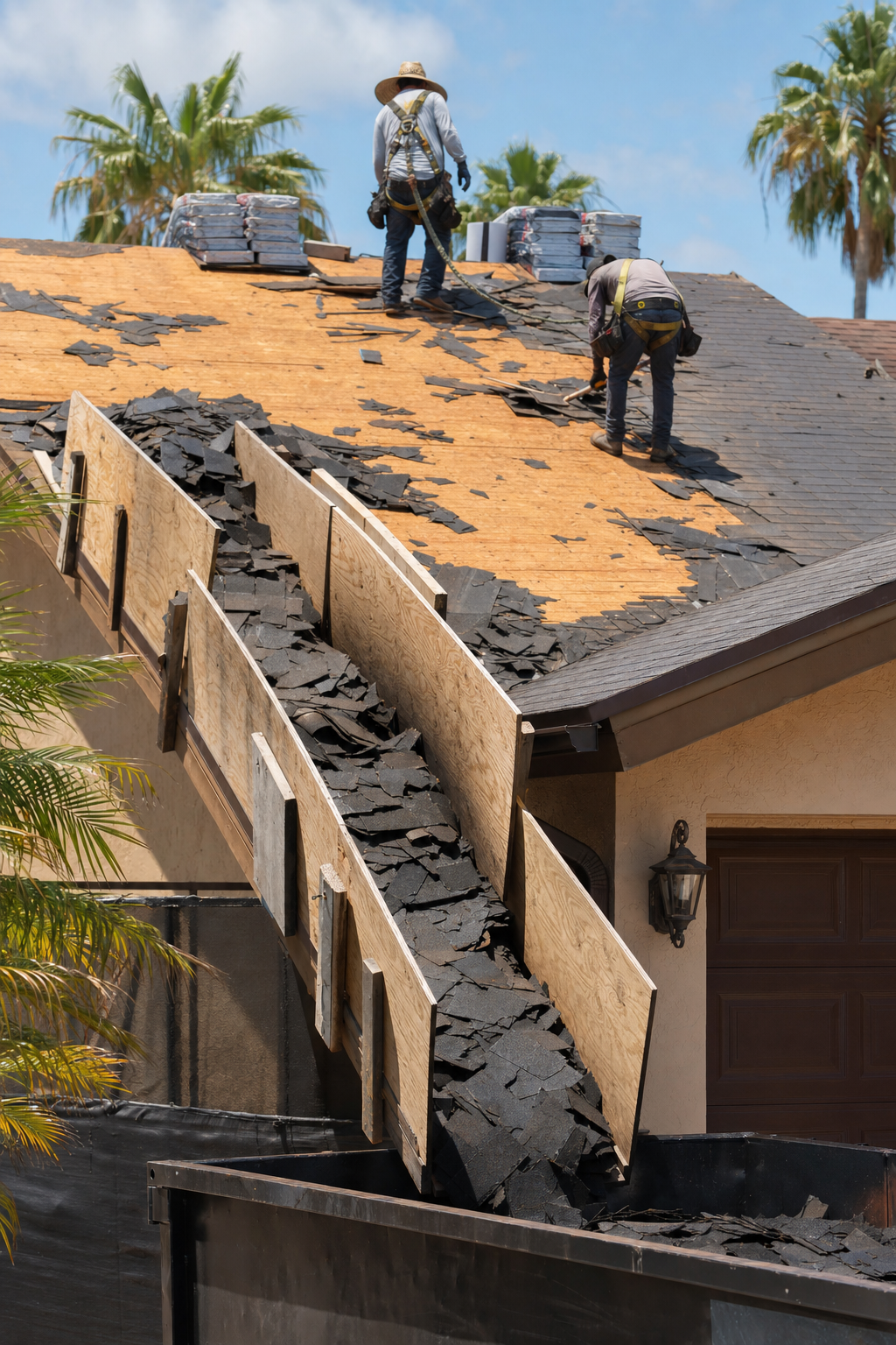 Roofing crew performing tear-off on a Florida home with shingle debris chute to dumpster