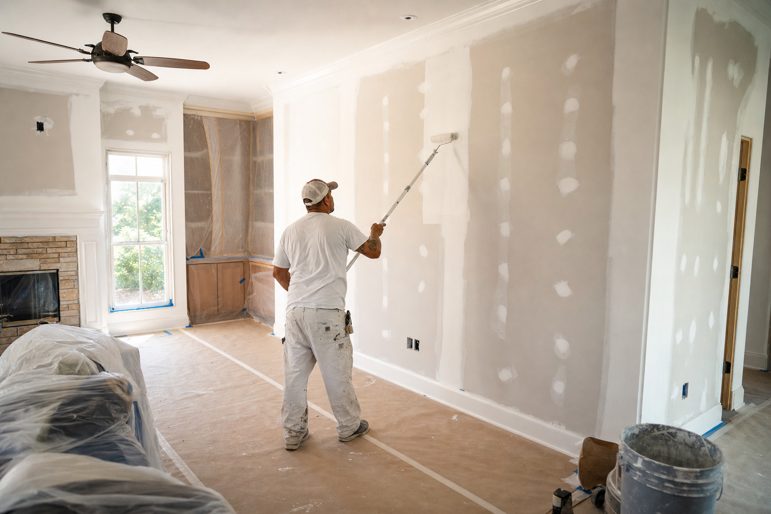 Interior drywall and painting crew rebuilding a water-damaged Florida home interior