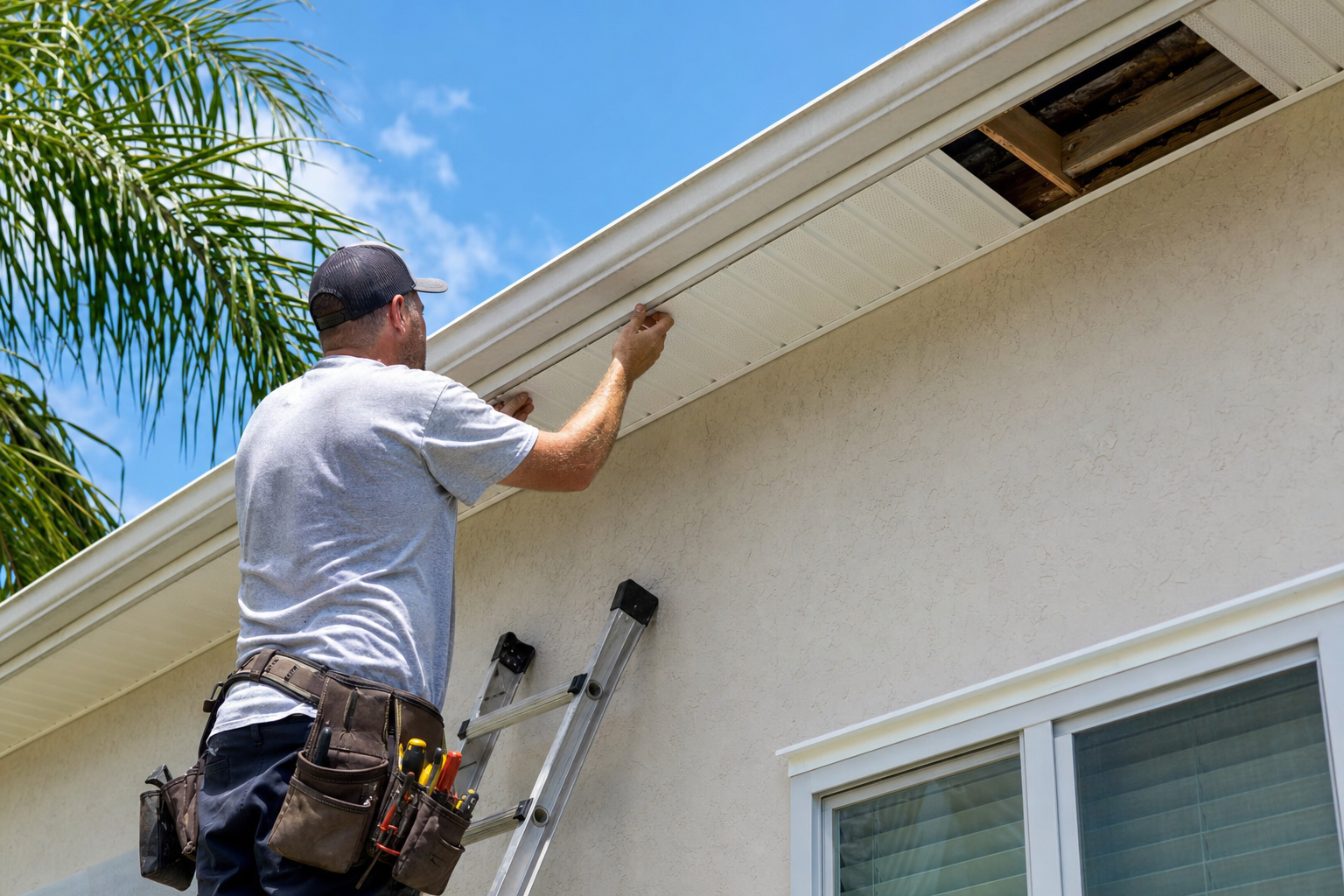 Contractor replacing soffit and fascia on a Florida stucco home after wind damage